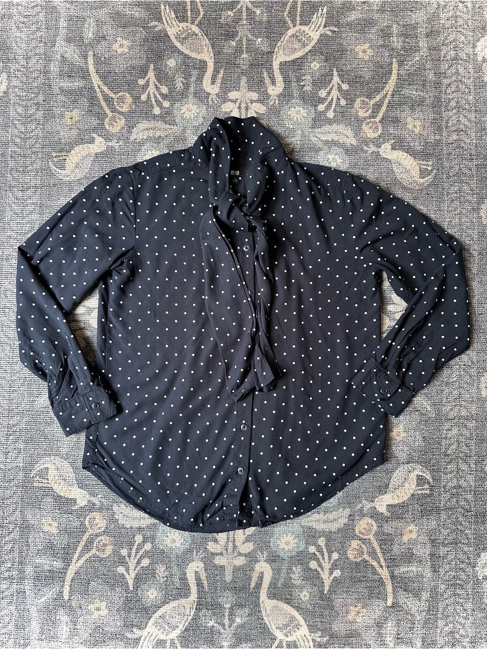 Uniqlo Navy Polka Dot Tie-Neck Button-Down Blouse size S